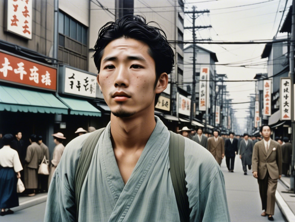 Young man in traditional attire on a busy street