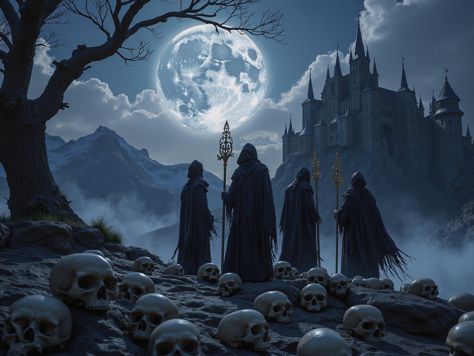 Cloaked Figures Before Eerie Castle Under Full Moon