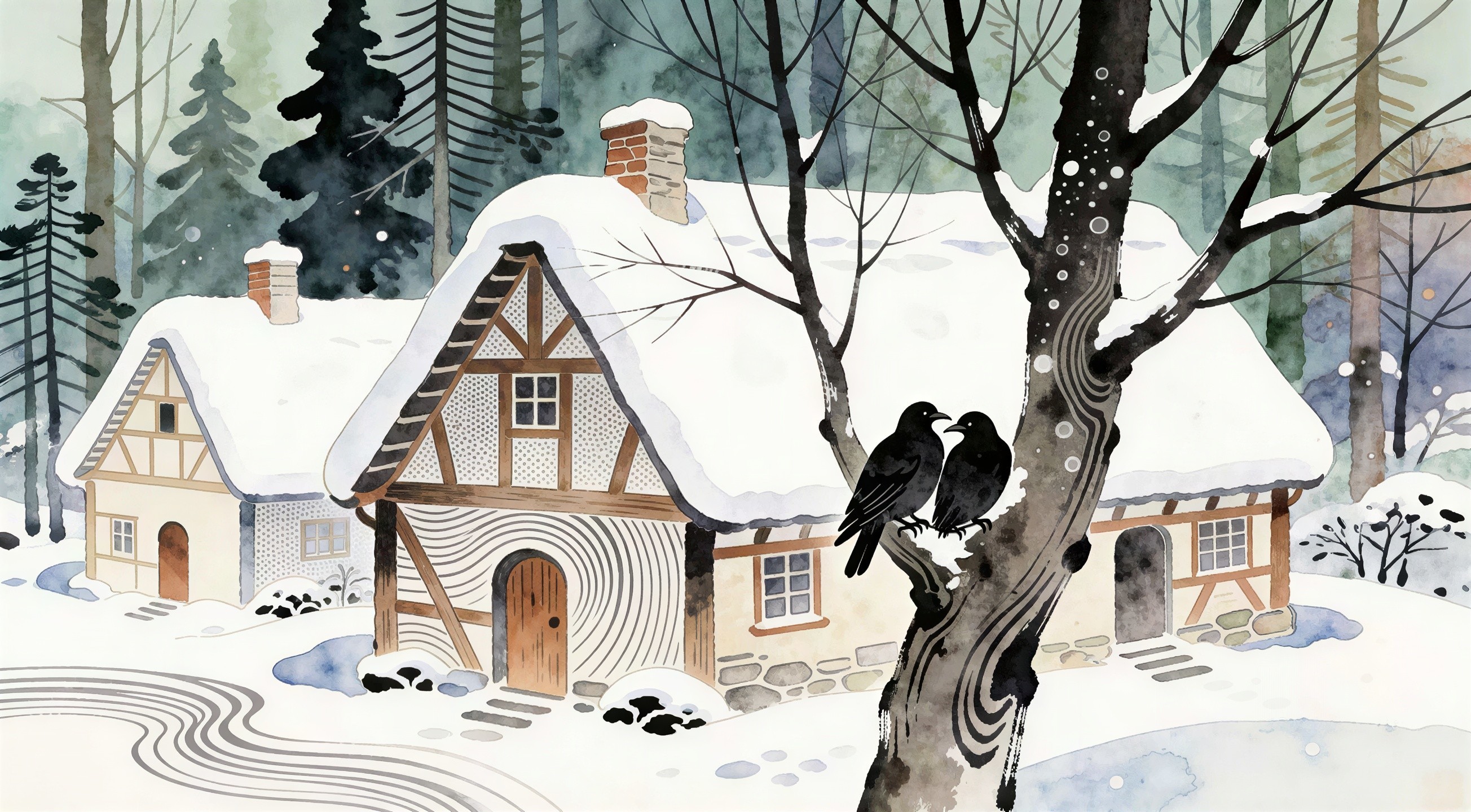 Watercolor Illustration of Winter Cottages in Forest