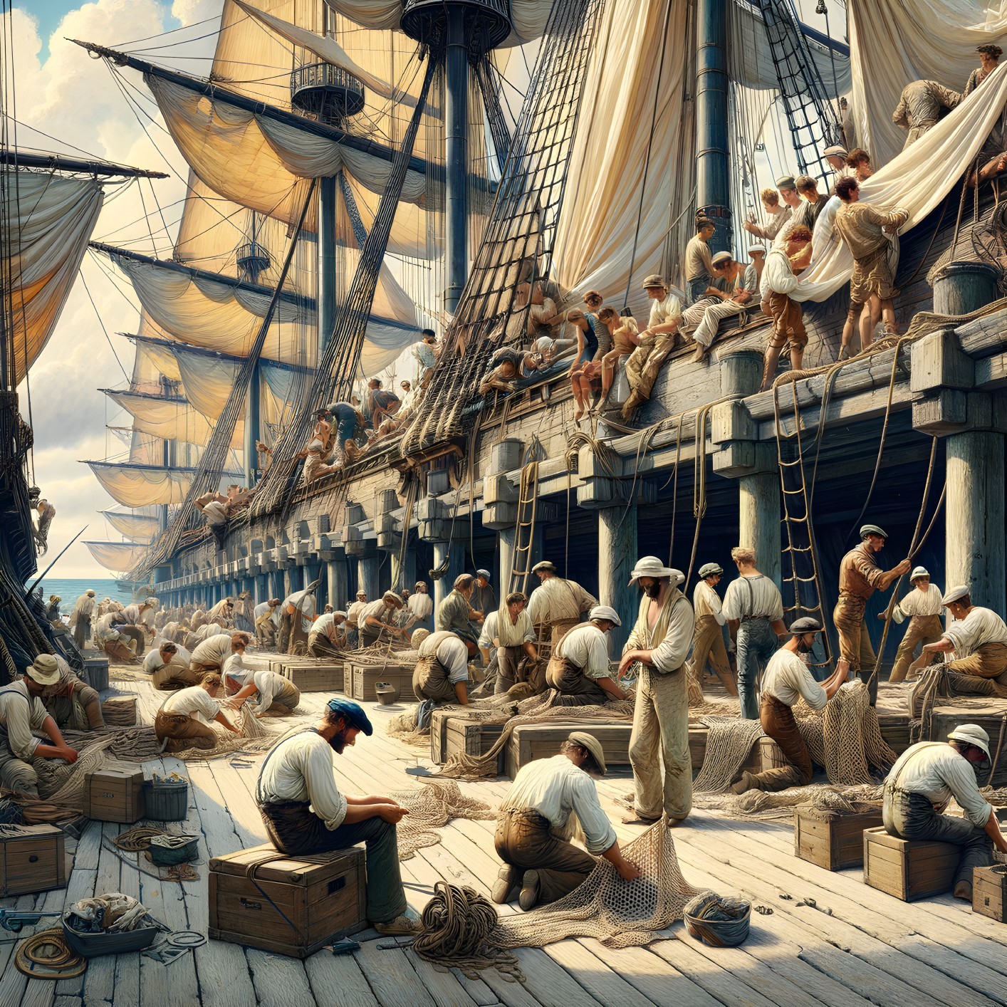 Bustling harbor with tall sailing ships and laborers