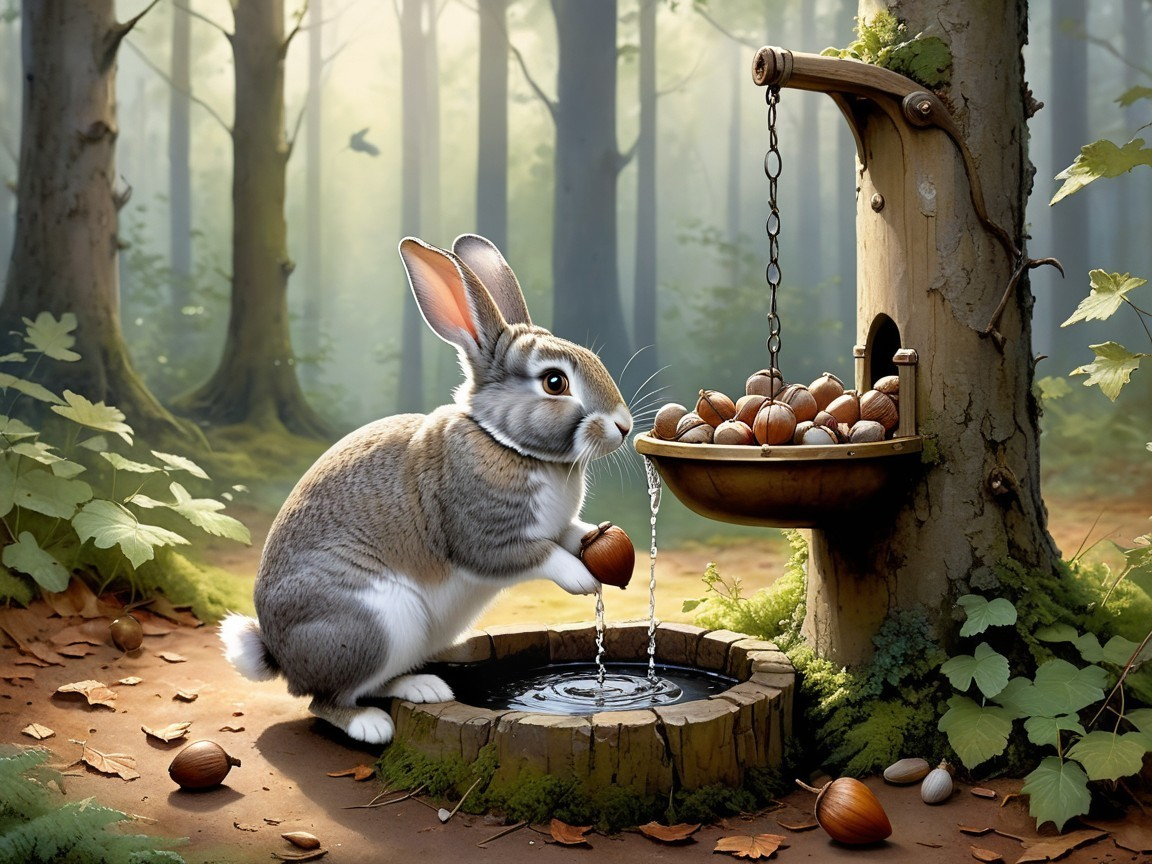 Fluffy Rabbit with Acorn by Rustic Water Basin in Forest