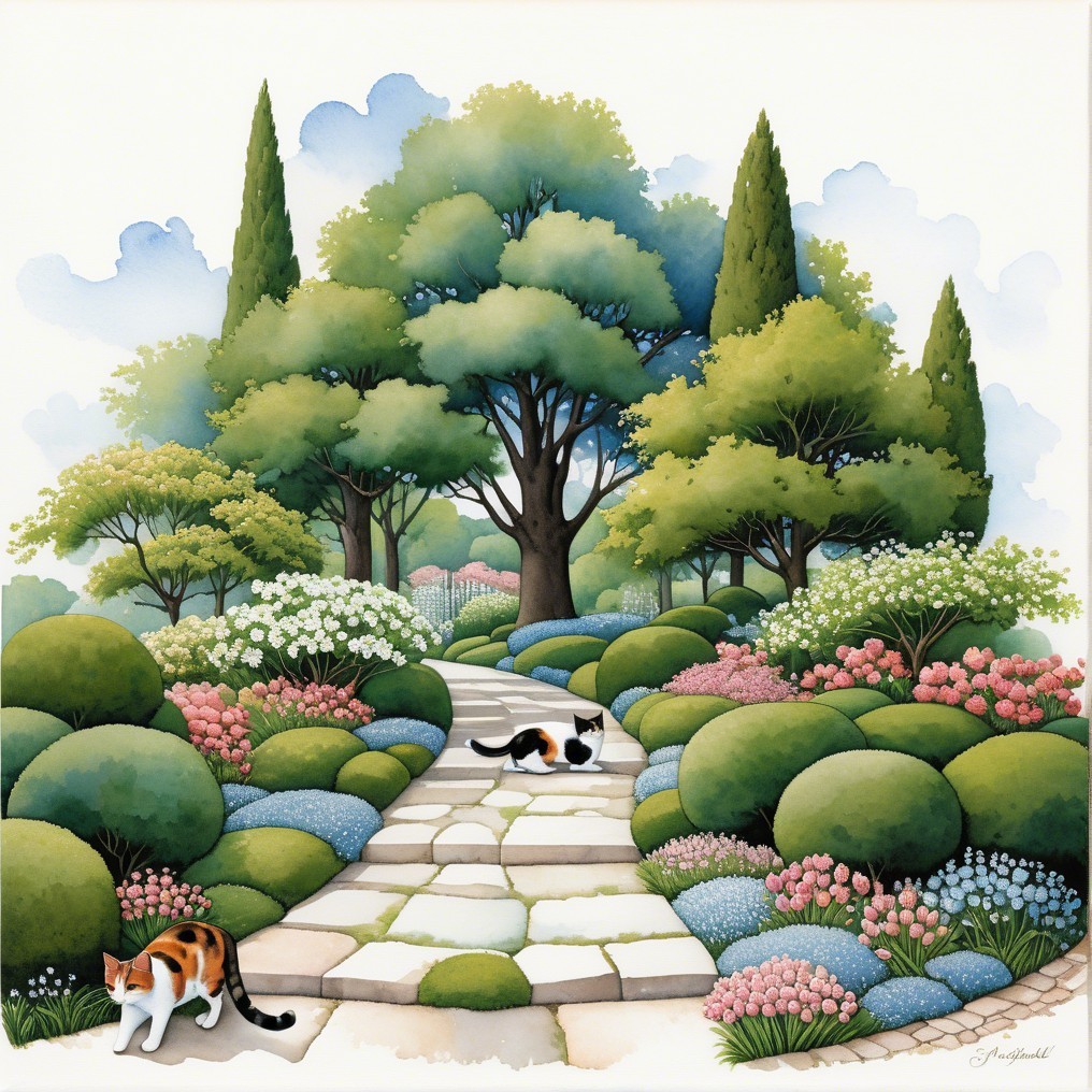 Tranquil Garden with Lush Greenery and Cats