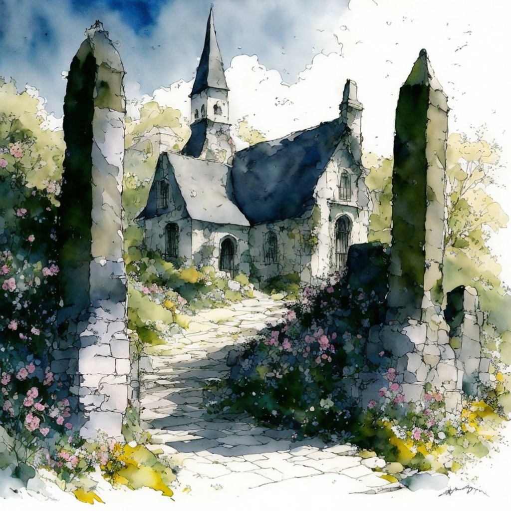 Rustic Stone Church Surrounded by Vibrant Landscape