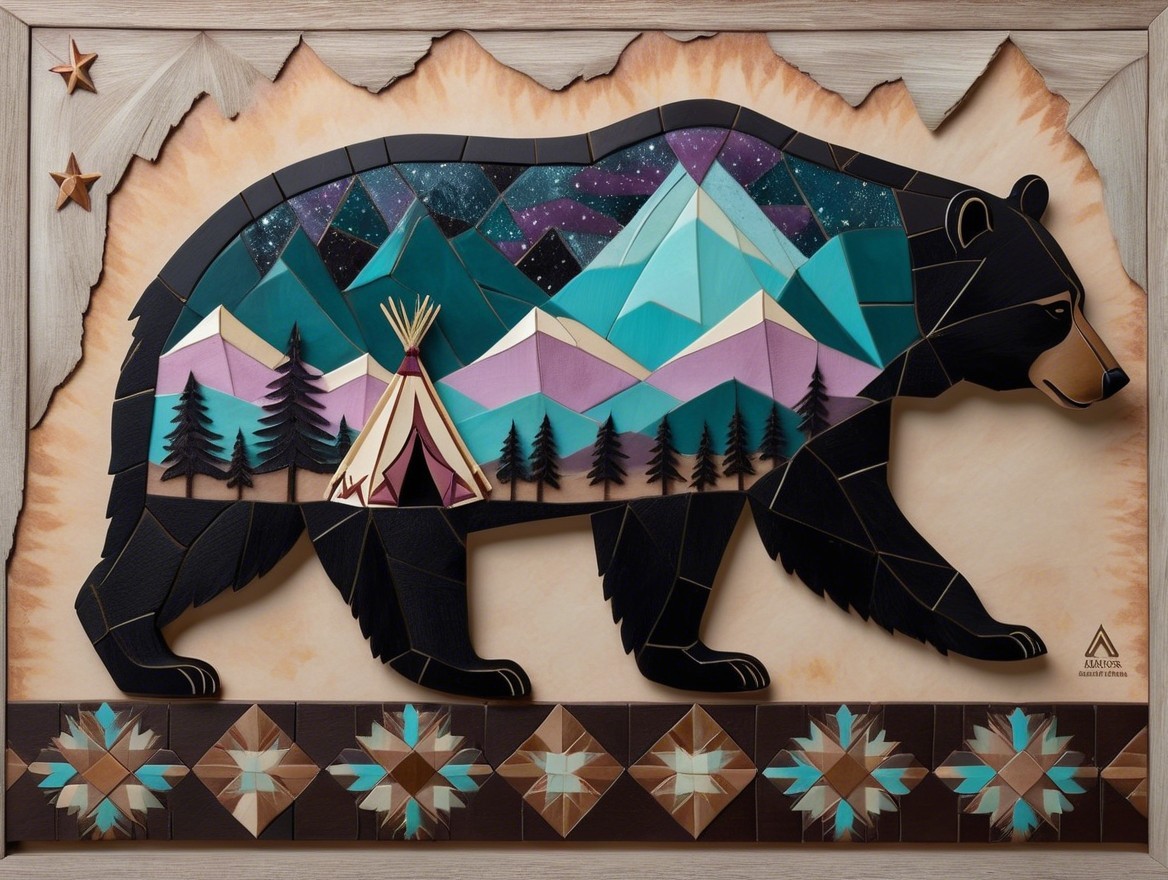 Colorful Bear Silhouette with Serene Landscape Elements