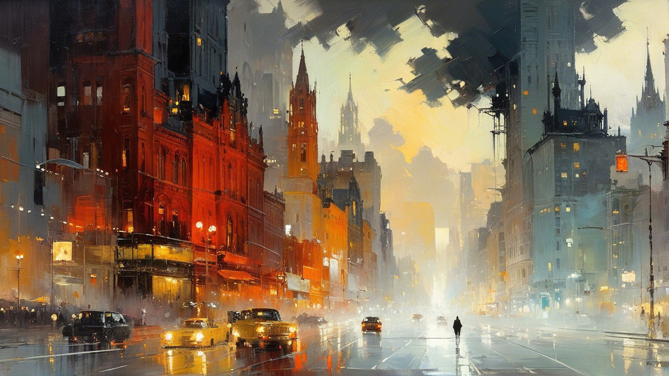 Vibrant Cityscape at Dusk with Historic Buildings