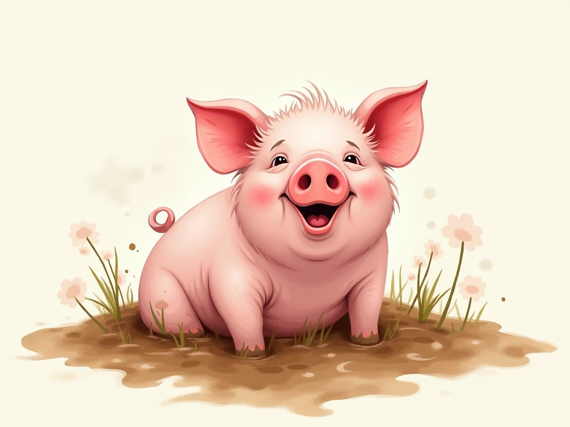 Chubby Piglet in Mud Surrounded by Grass and Flowers