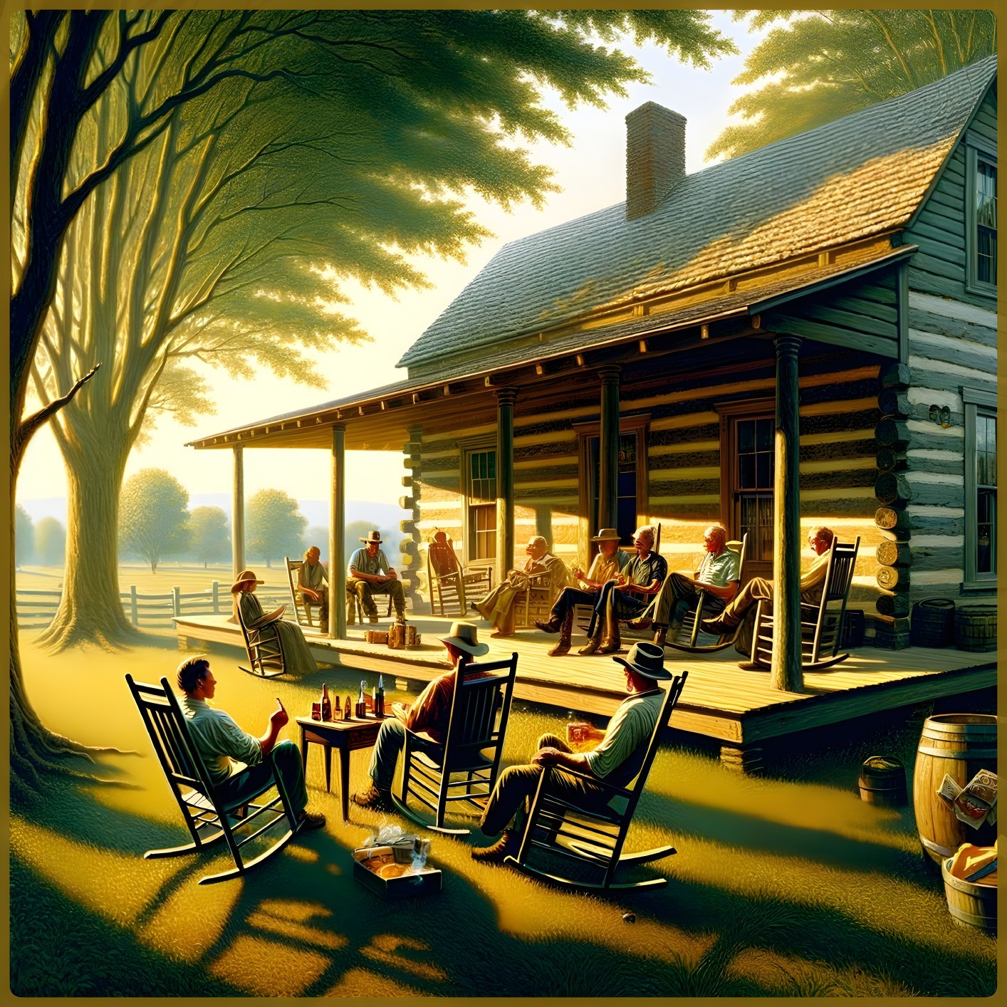 Charming Wooden Cabin Scene with Relaxing People