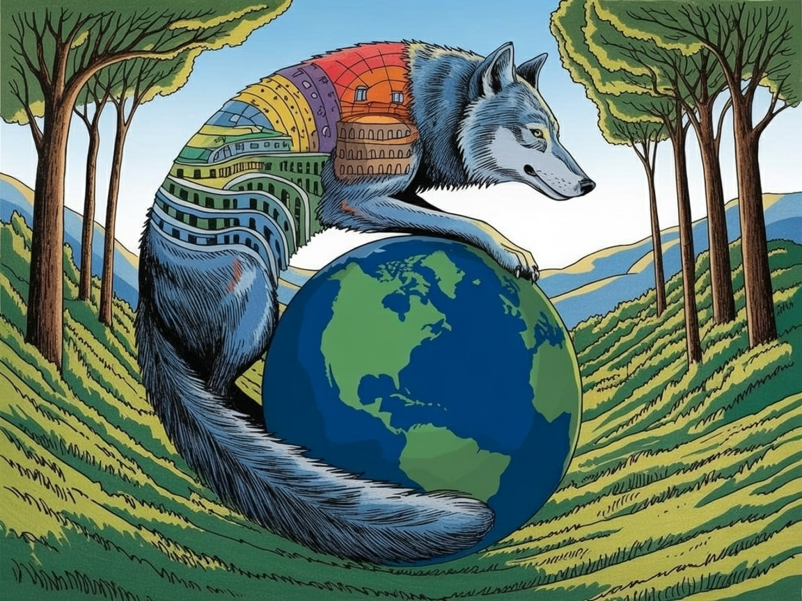 Wolf with Artistic Cityscapes on a Globe