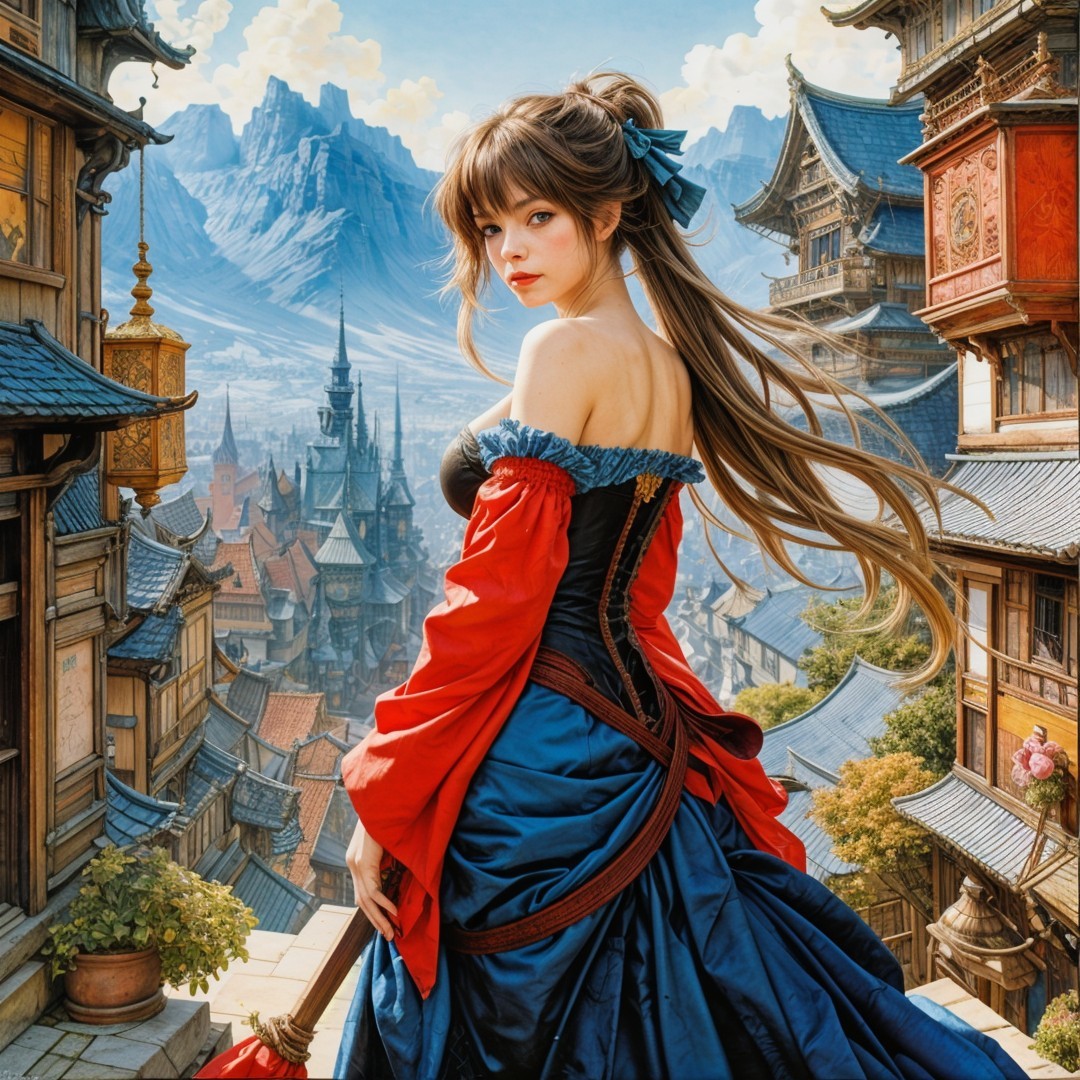 Fantasy Landscape with Young Woman on Balcony