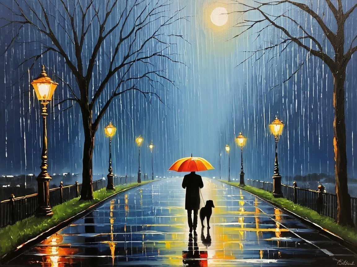 Rainy Night Street with Vintage Lamps and Umbrella