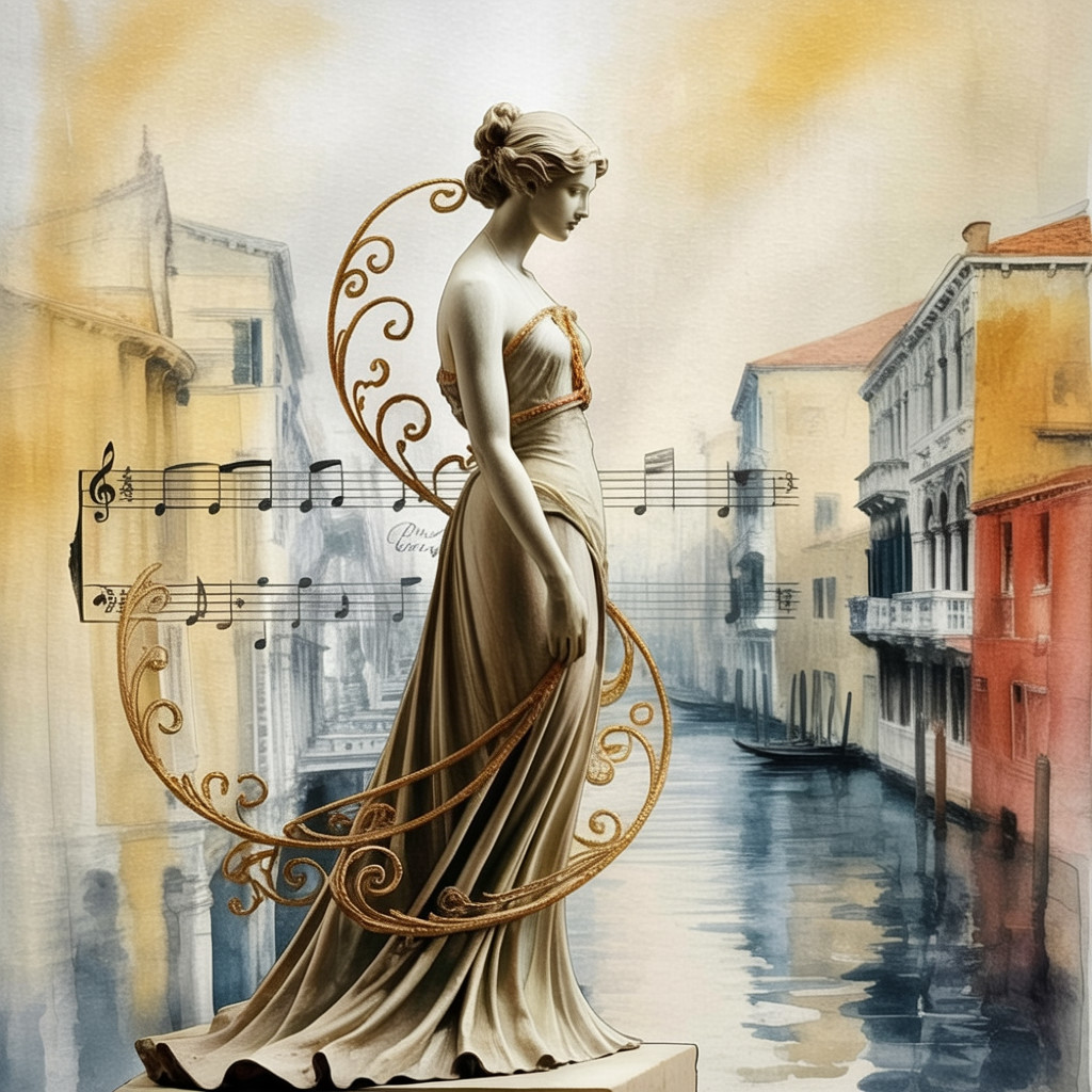 Statue of a Woman by a Serene Canal with Music Notes