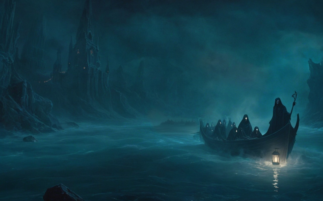 Ghostly Boat in Dark Misty Landscape with Cloaked Figures