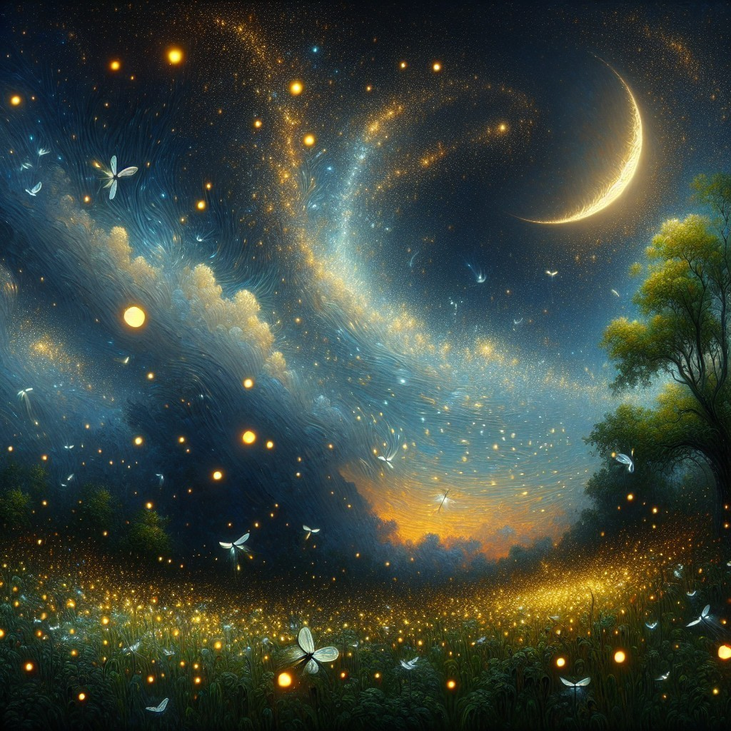 Celestial Landscape Under Crescent Moon and Stars