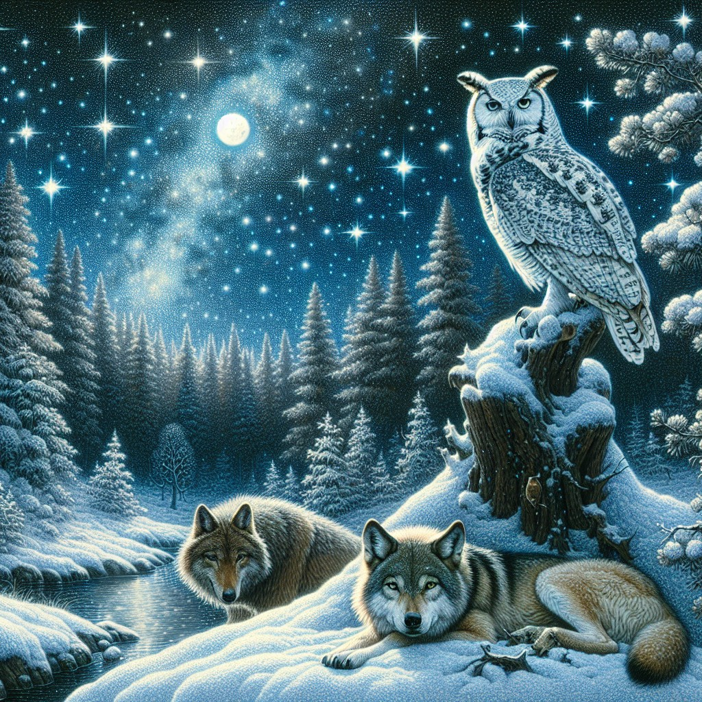 Winter Landscape with Wolves and Owl Under Moonlight