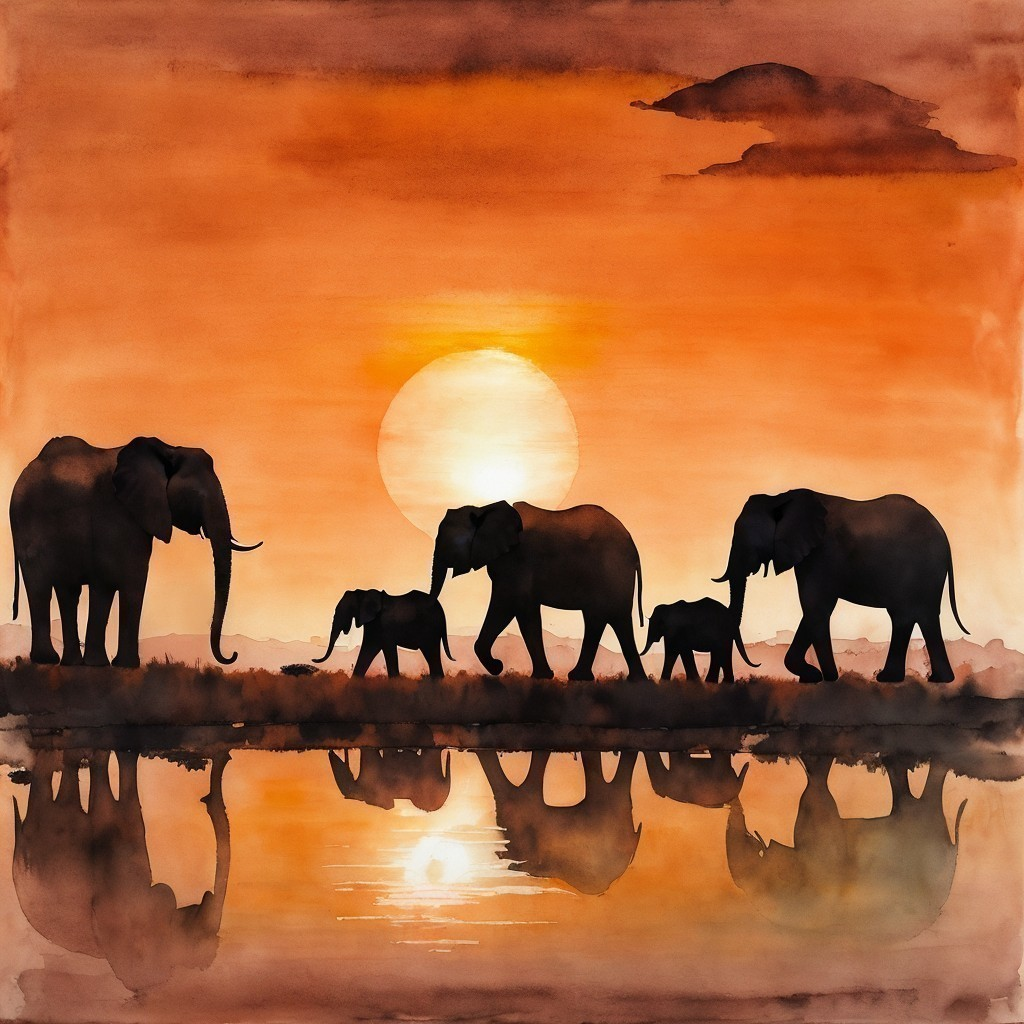 Watercolor of Elephants by Riverbank at Sunset