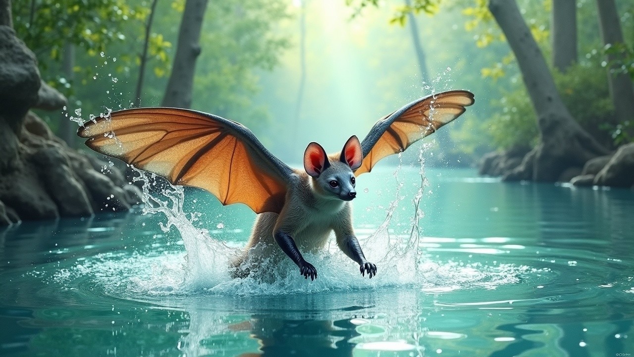 Whimsical Creature Flying Over a Turquoise River