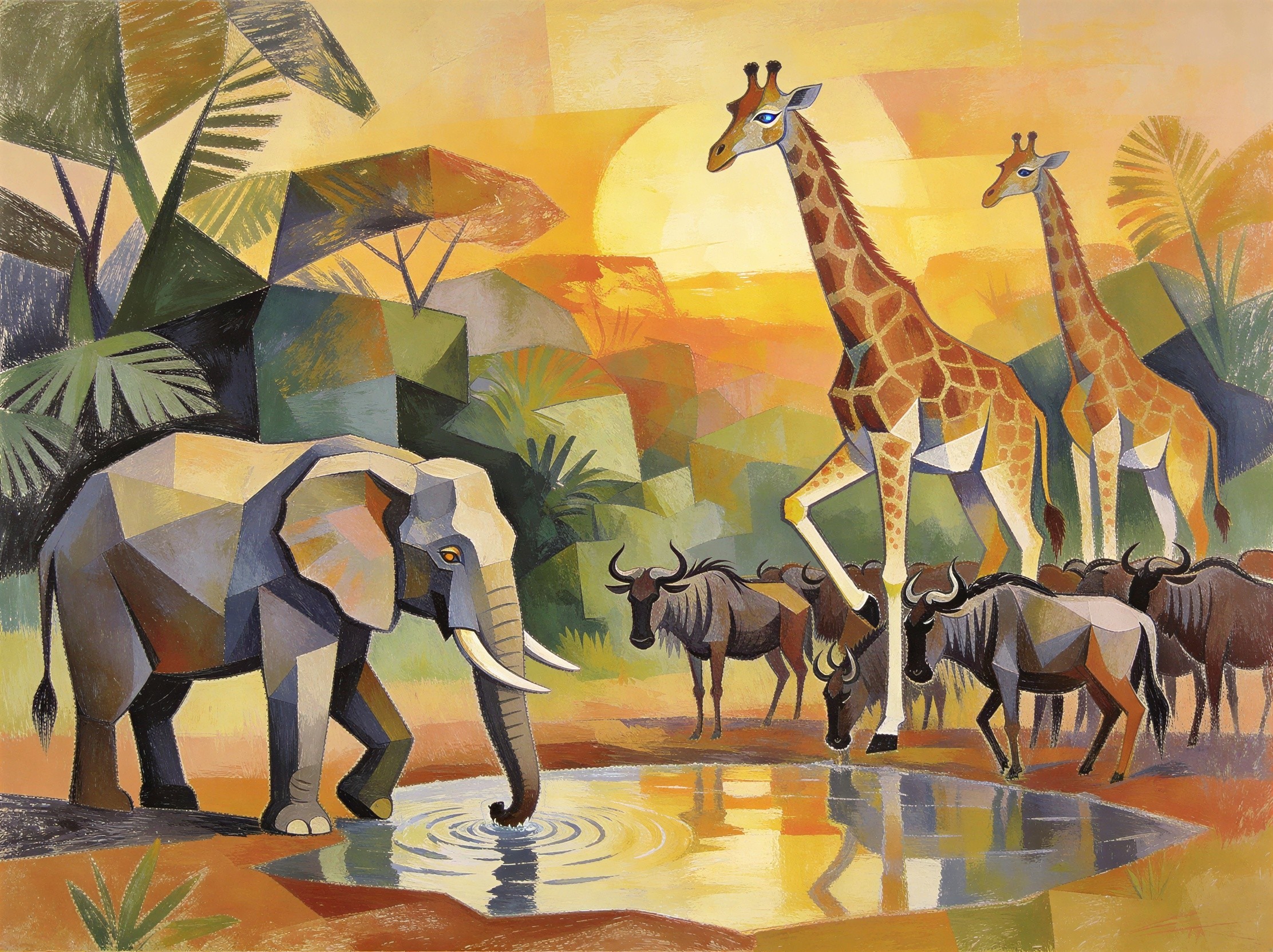 Cubist Painting of African Wildlife at Sunset