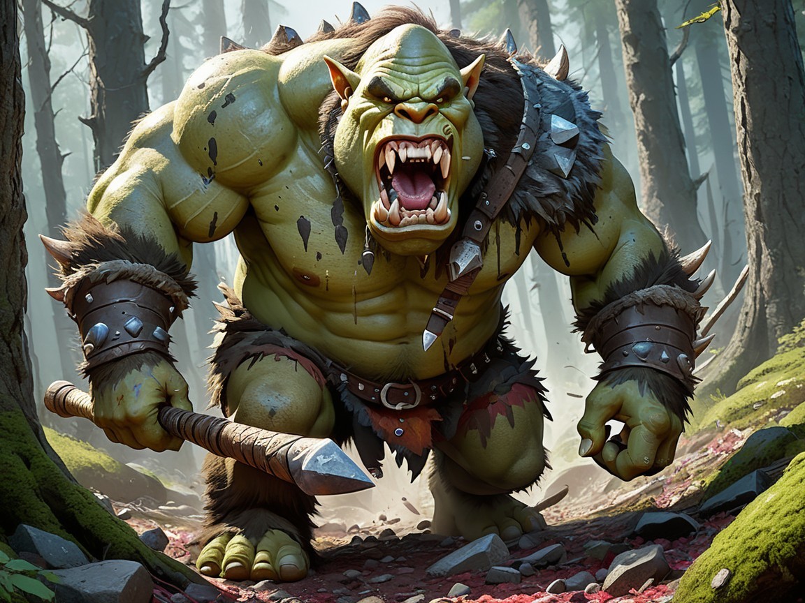 Muscular Orc in Misty Forest with Spear and Armor