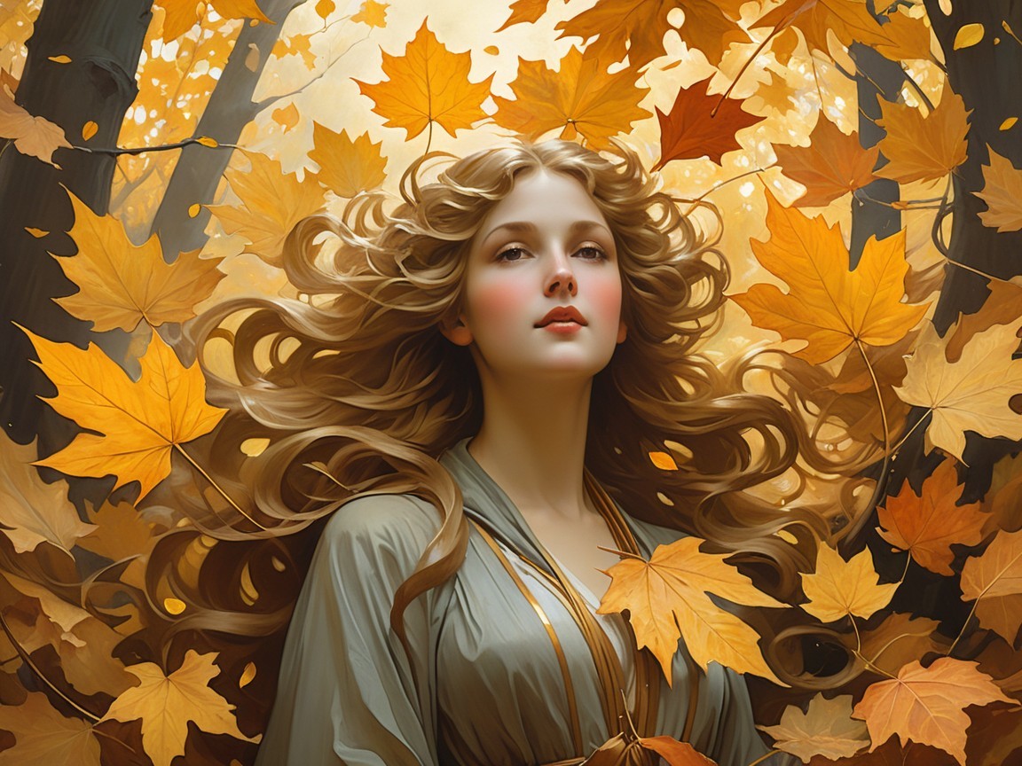 Portrait of a young woman among autumn leaves