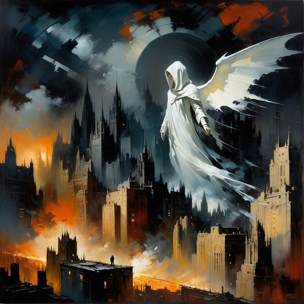 Dystopian Cityscape with Angelic Figure Above Buildings