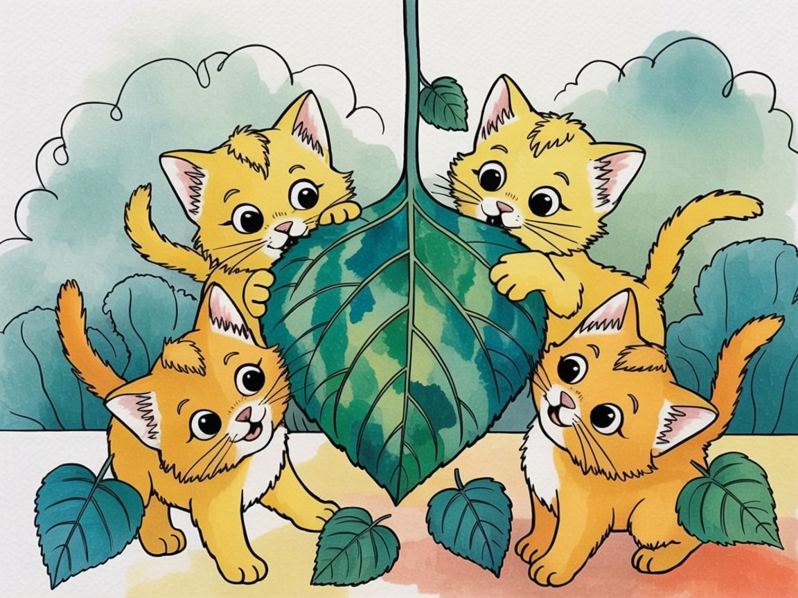 Cheerful Orange Kittens Play Around Green Leaf