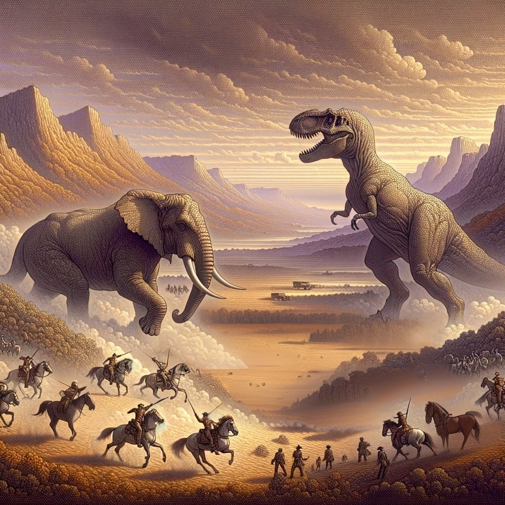 T-Rex and Elephant in Dramatic Mountain Landscape
