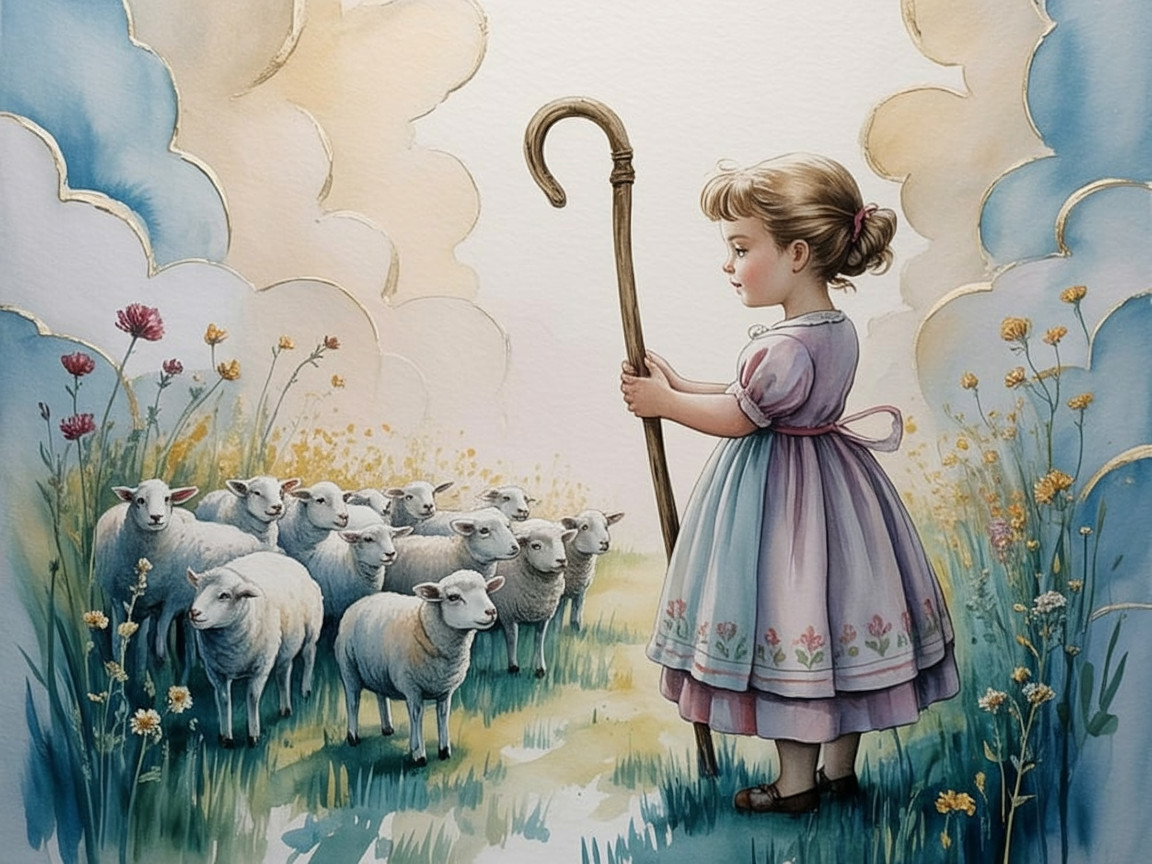 Young Girl with Shepherd's Staff in Pastoral Scene
