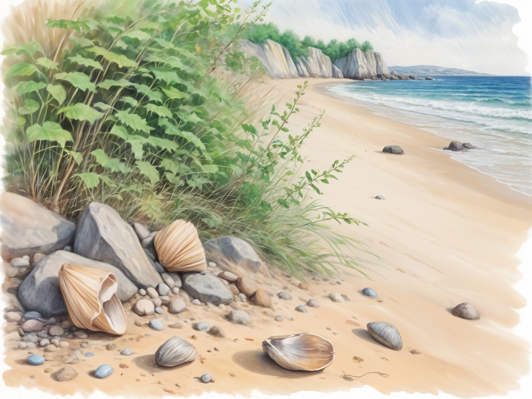 Tranquil Beach Scene with Sandy Shores and Waves