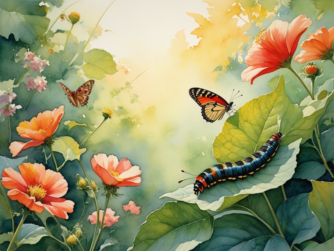 Vibrant Watercolor of a Lush Garden with Caterpillar