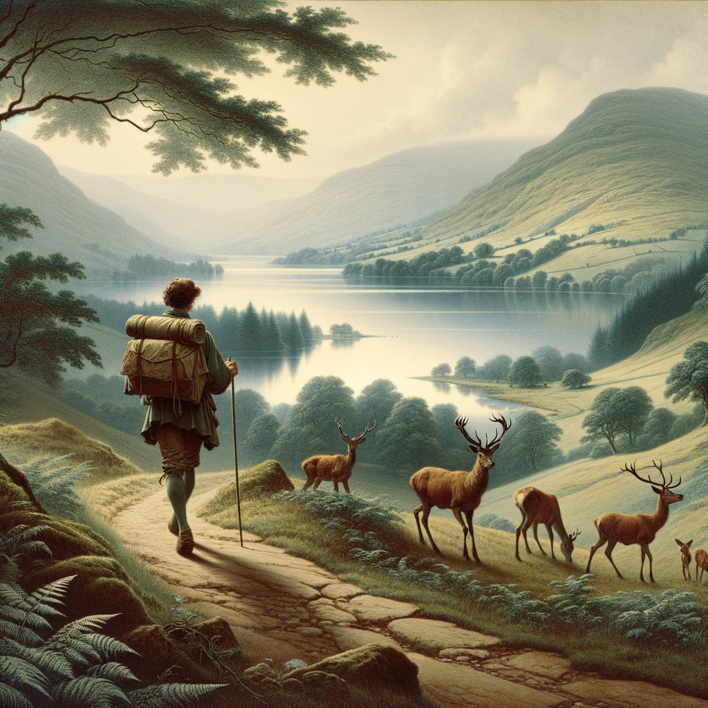 Lone Hiker on Serene Lake Path with Grazing Deer