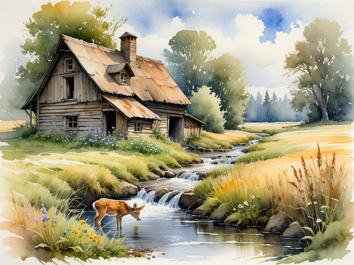 Serene Landscape with Rustic House and Gentle Stream