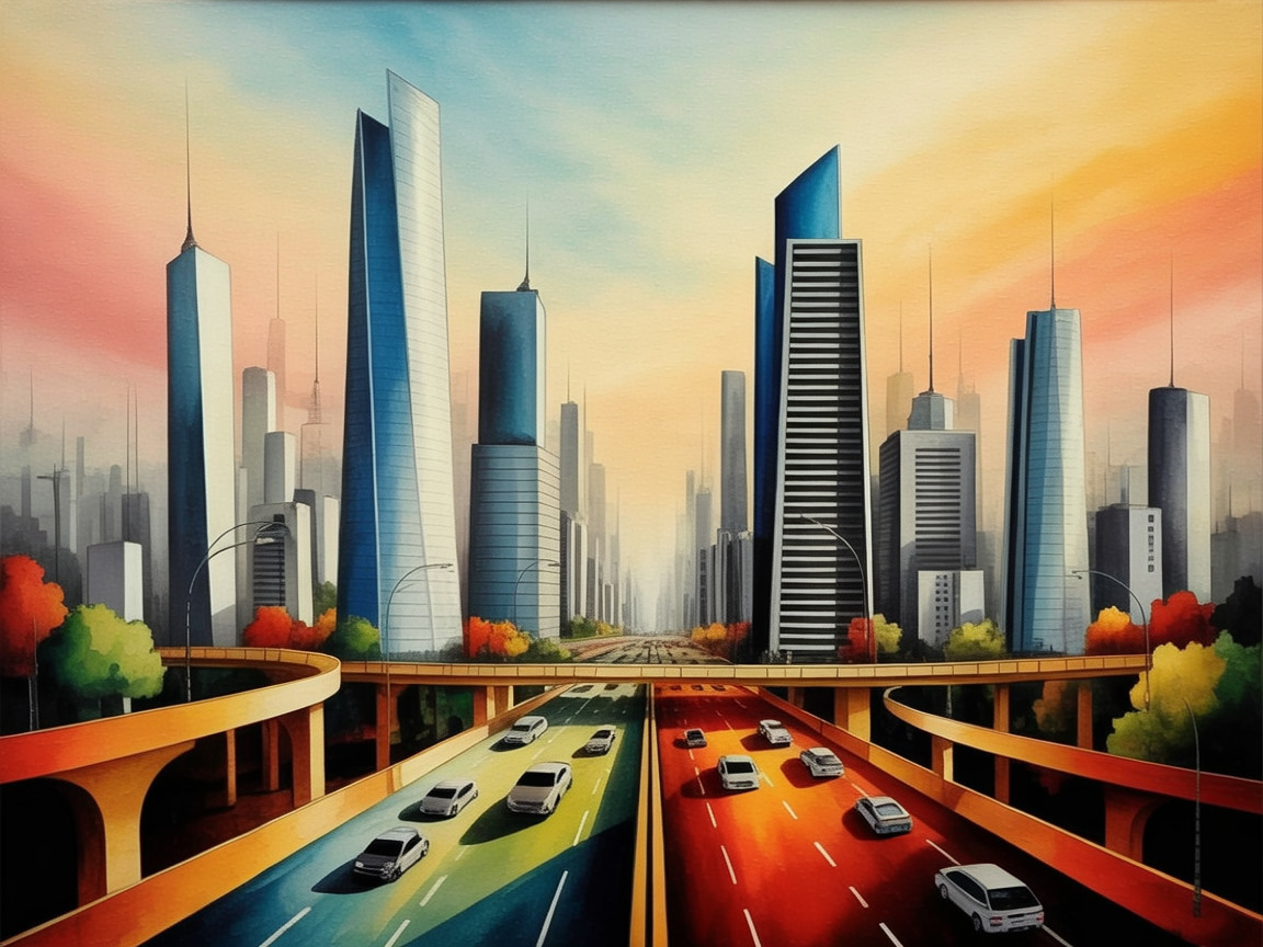 Vibrant Cityscape with Skyscrapers and Sunset Colors
