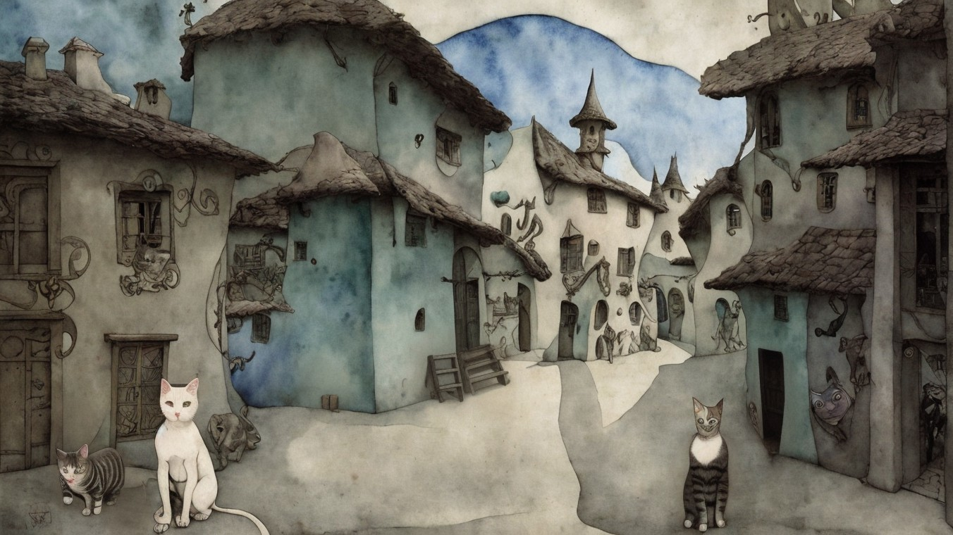 Whimsical village scene with charming houses and cats