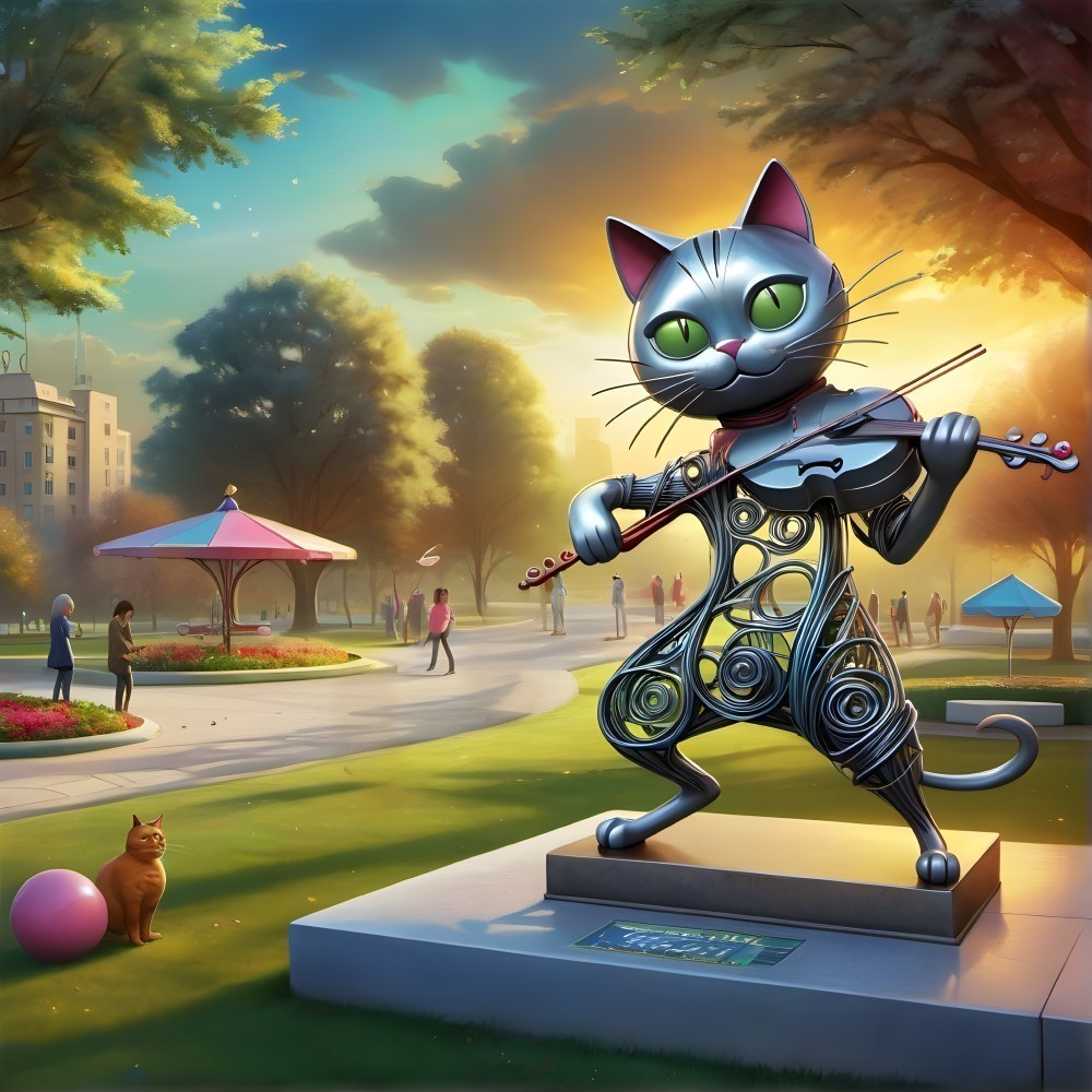 Whimsical Cat Statue Playing Violin in Sunset Park