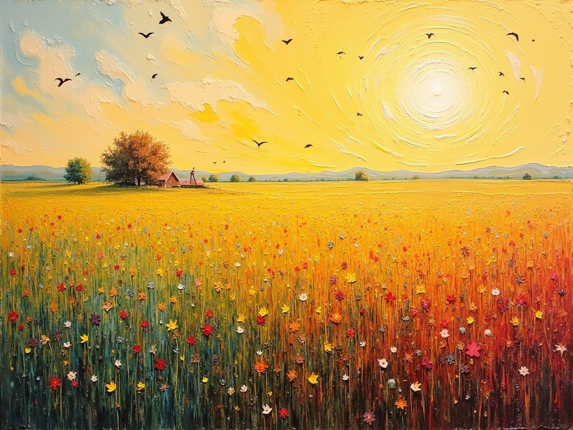 Vibrant Landscape with Golden Field and Farmhouse