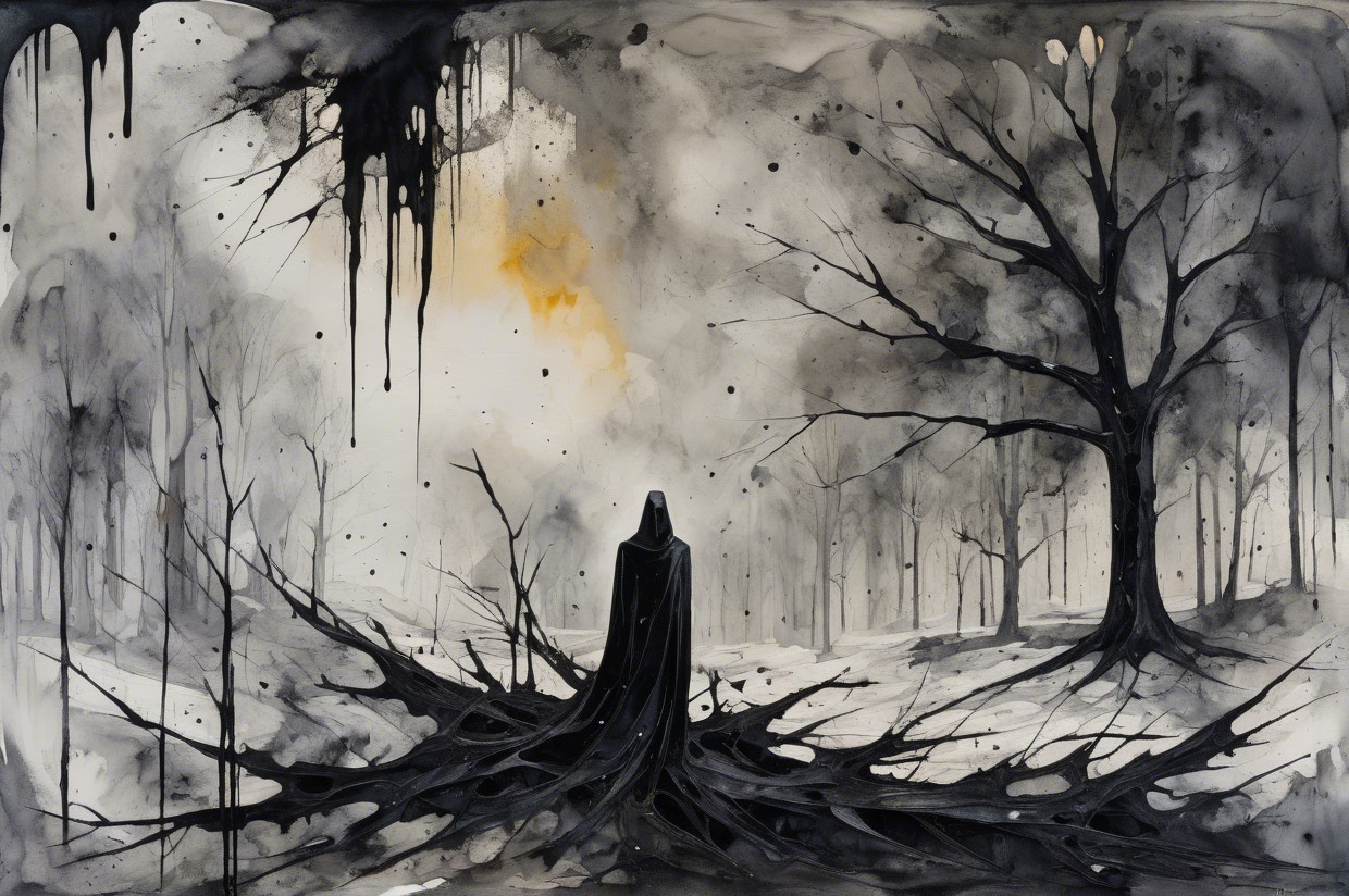 Shadowy Figure in Dark Cloak in Desolate Landscape