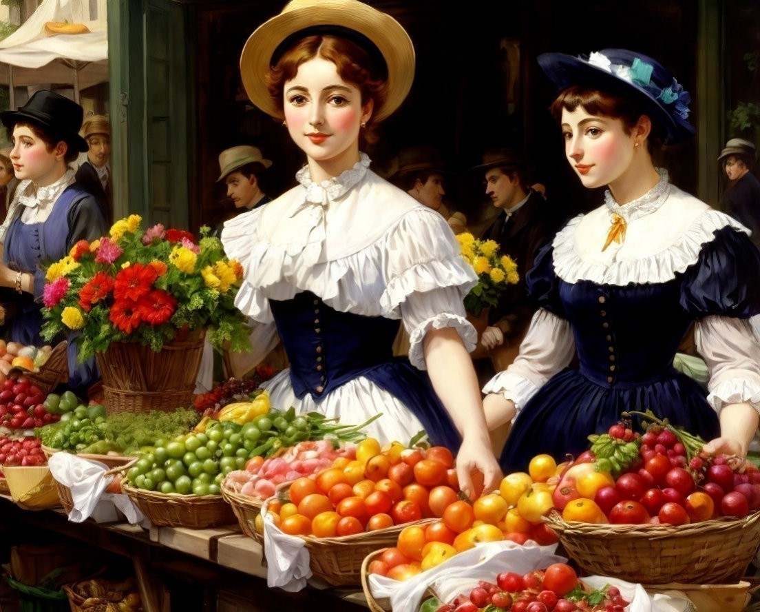Elegant Women in Vibrant Market with Fruits and Flowers