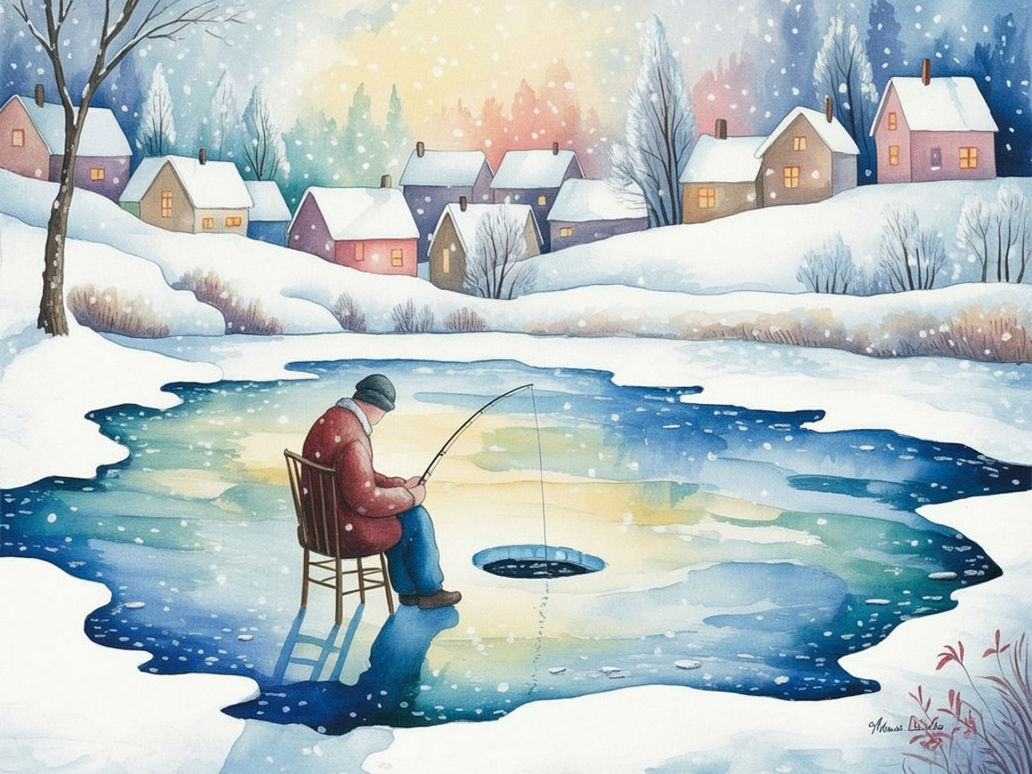 Watercolor of Man Ice Fishing on Snowy Frozen Lake