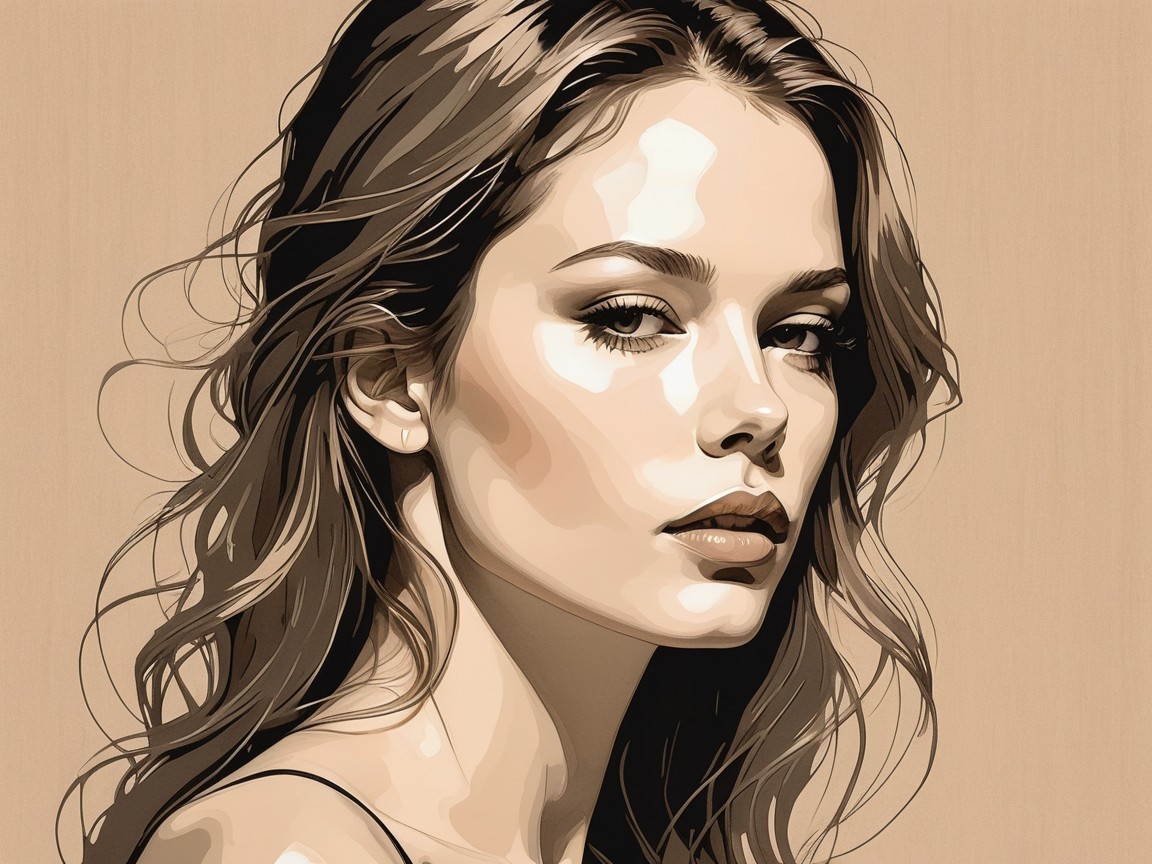 Stylized portrait of a serene young woman with wavy hair