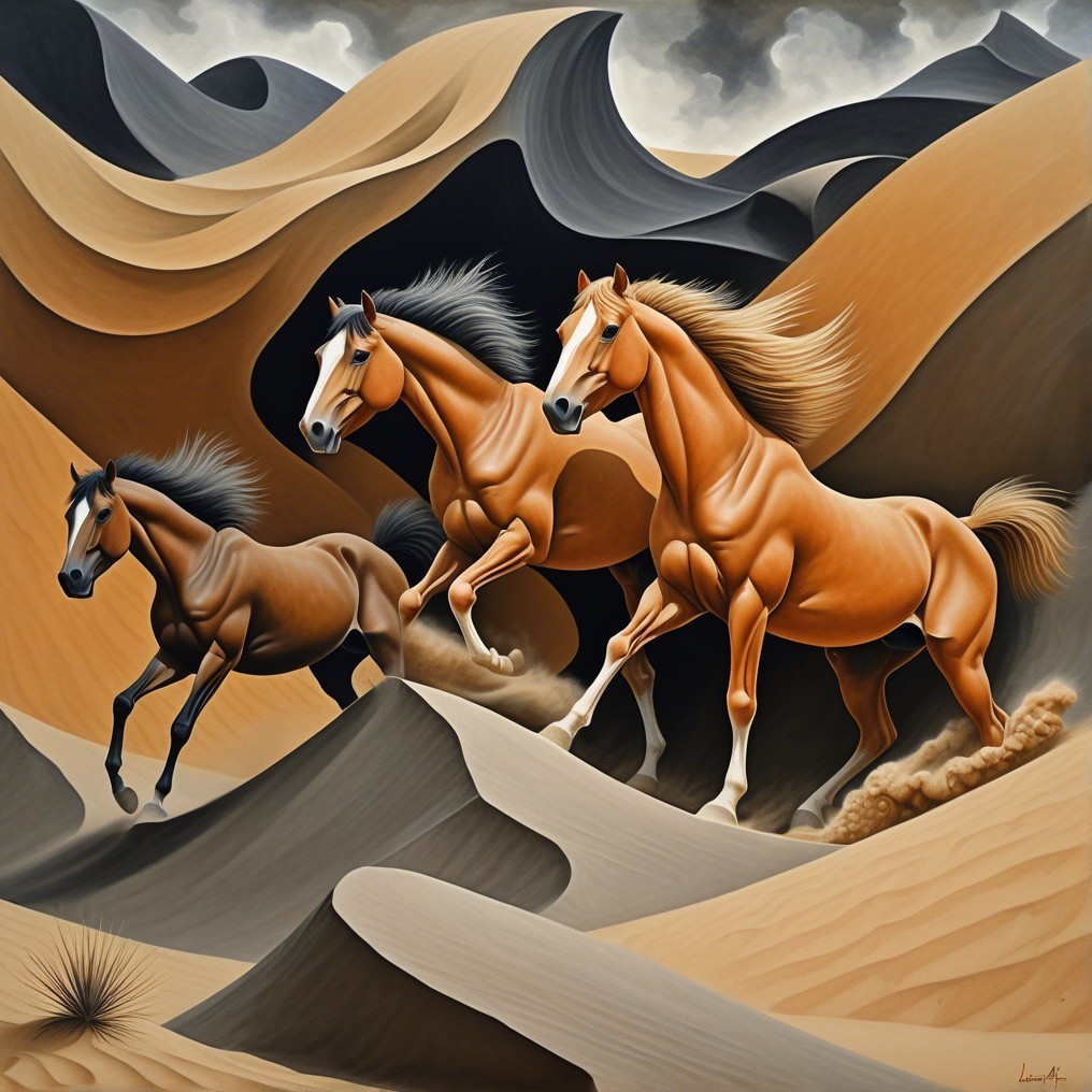 Horses Galloping Through Swirling Sand Dunes Landscape