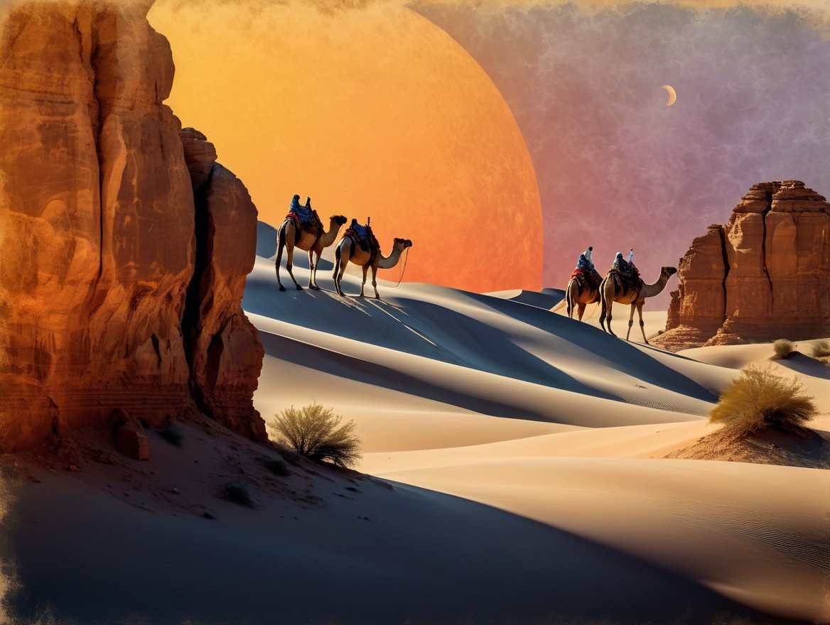 Desert Landscape with Sandstone Formations and Camels