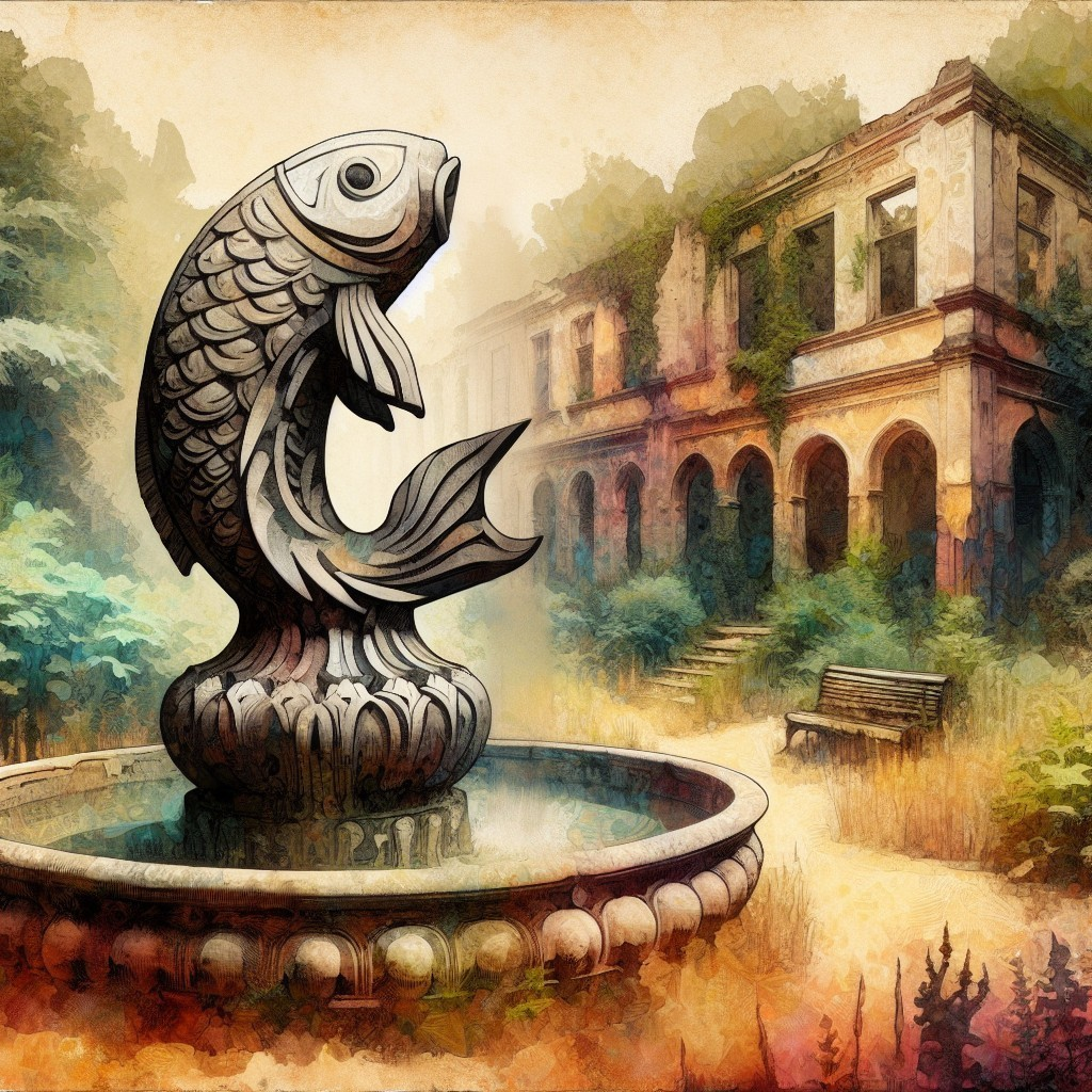 Sculpture of Fish in Overgrown Abandoned Building