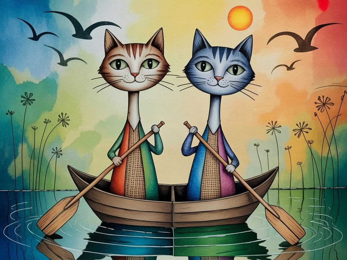 Whimsical Cats Rowing a Boat on a Tranquil Lake
