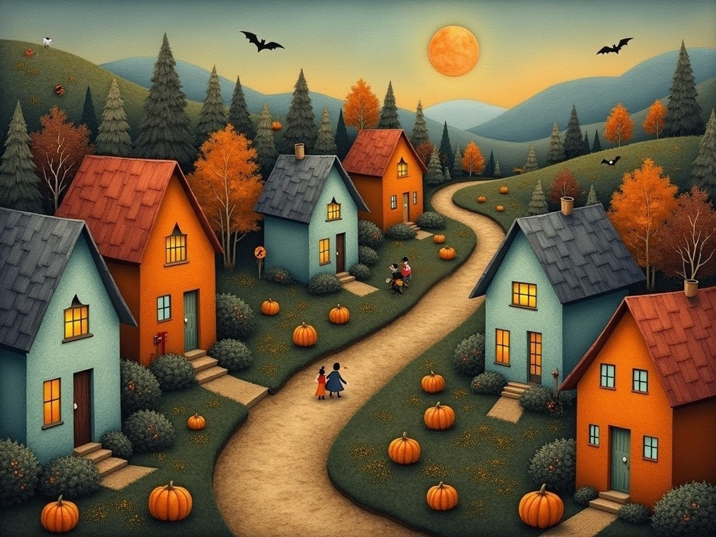 Whimsical Autumn Scene with Colorful Houses and Pumpkins