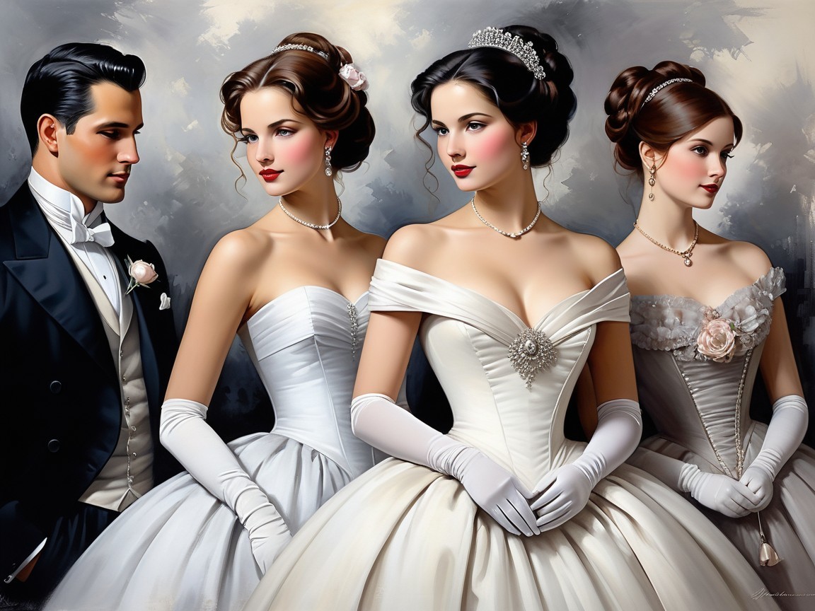 Stylish Man in Tuxedo with Elegant Women in Gowns