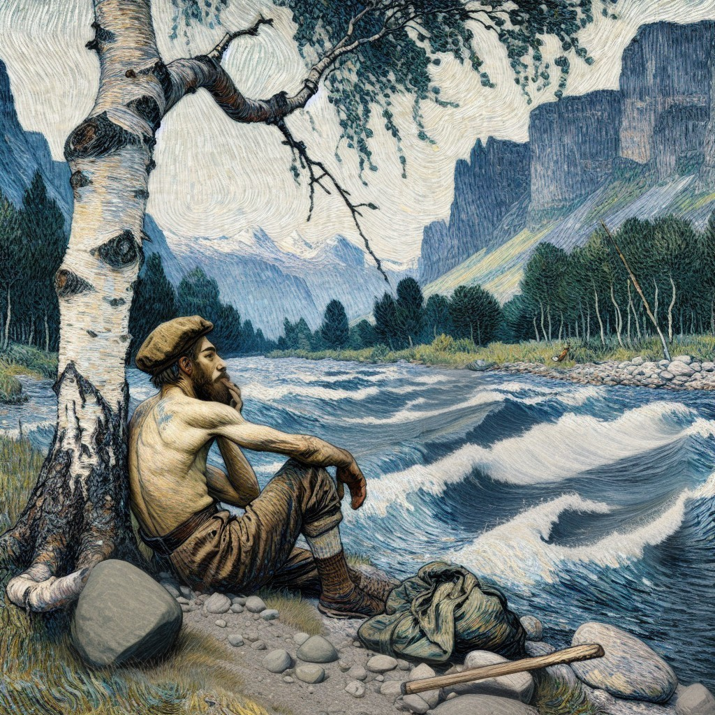 Contemplative Man by Serene Riverside and Mountains