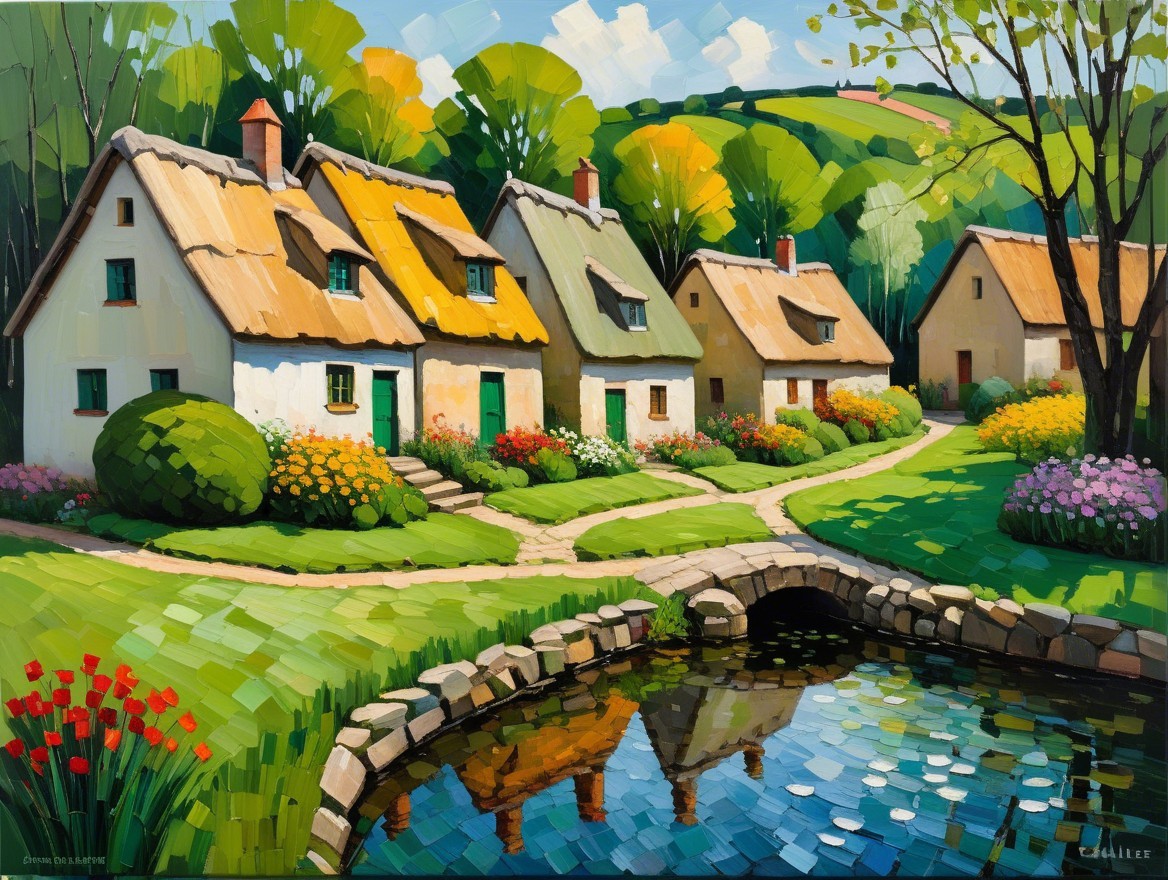 Serene Countryside Scene with Cottages and Gardens