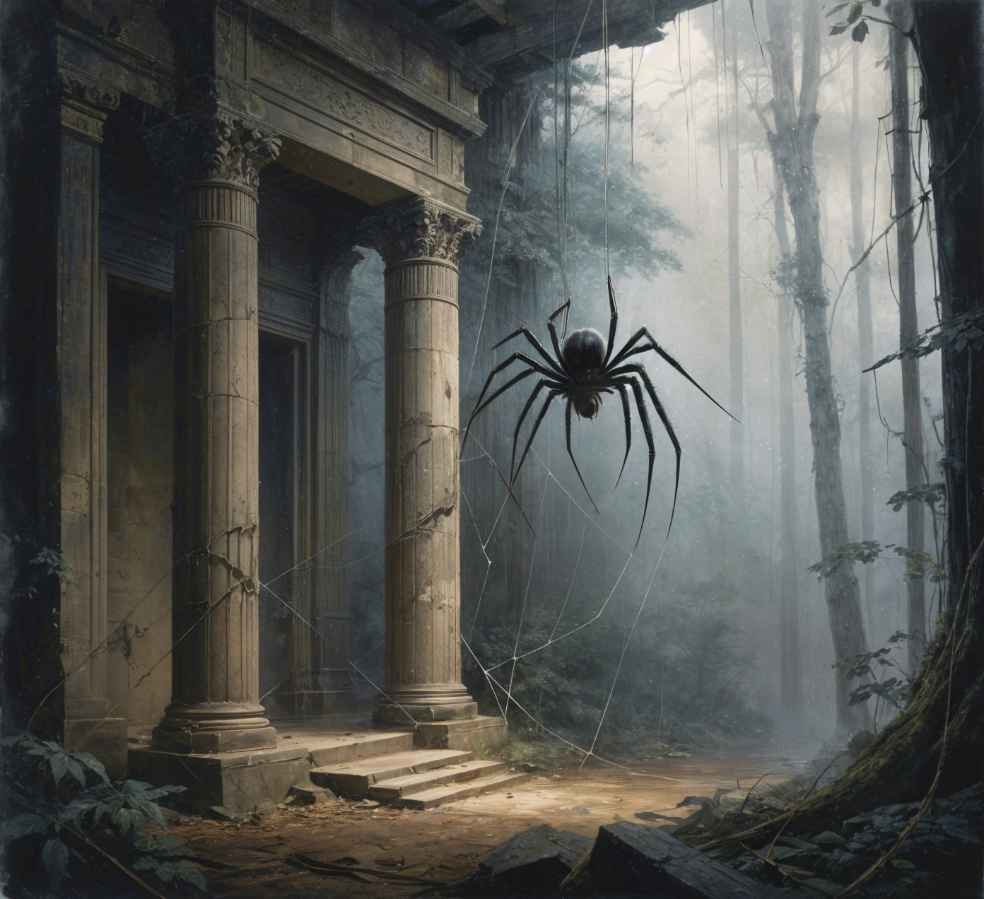 Ruins in a Misty Overgrown Forest with Spider Webs