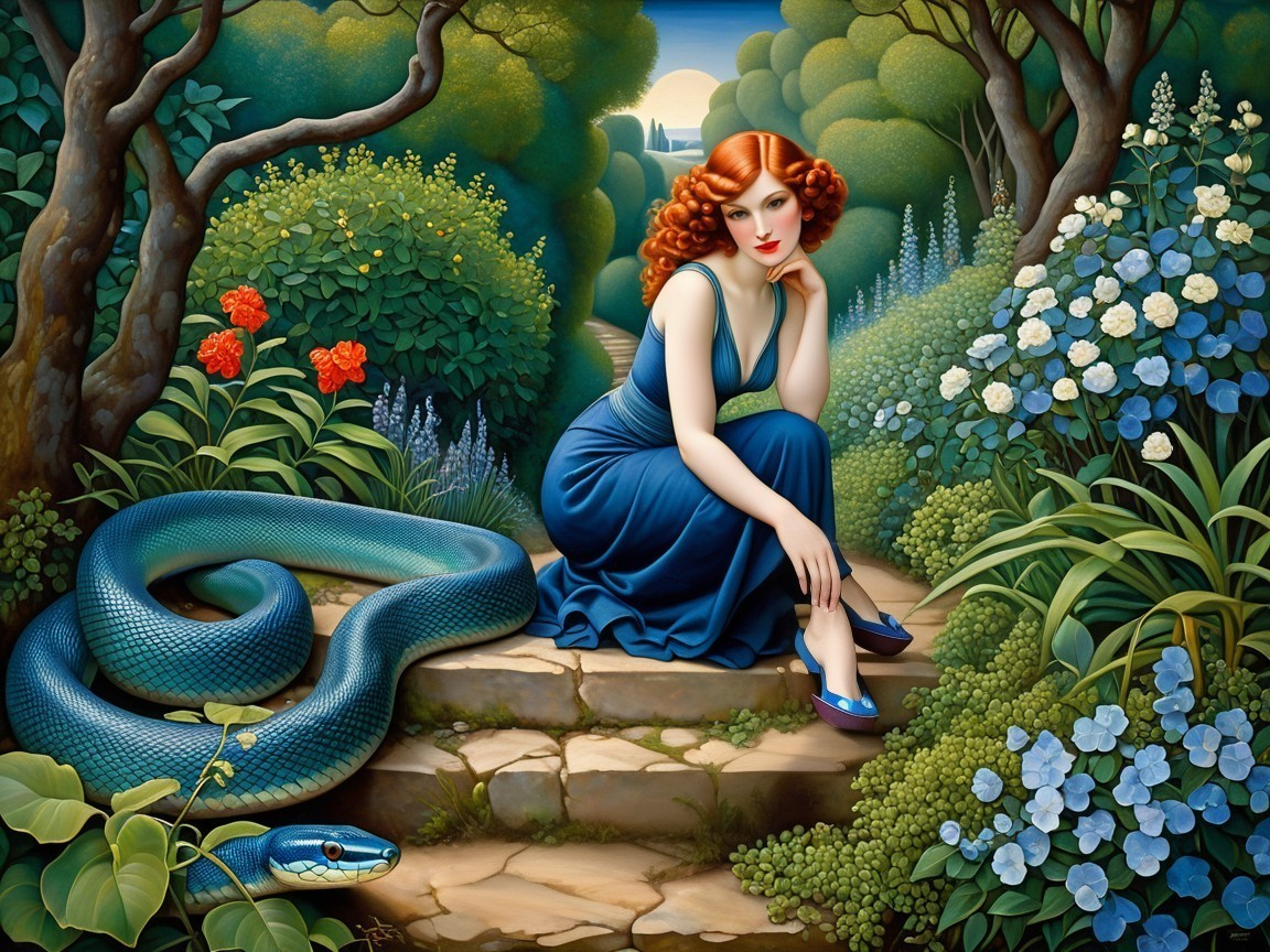 Woman in Blue Gown Amidst Enchanted Garden Scene
