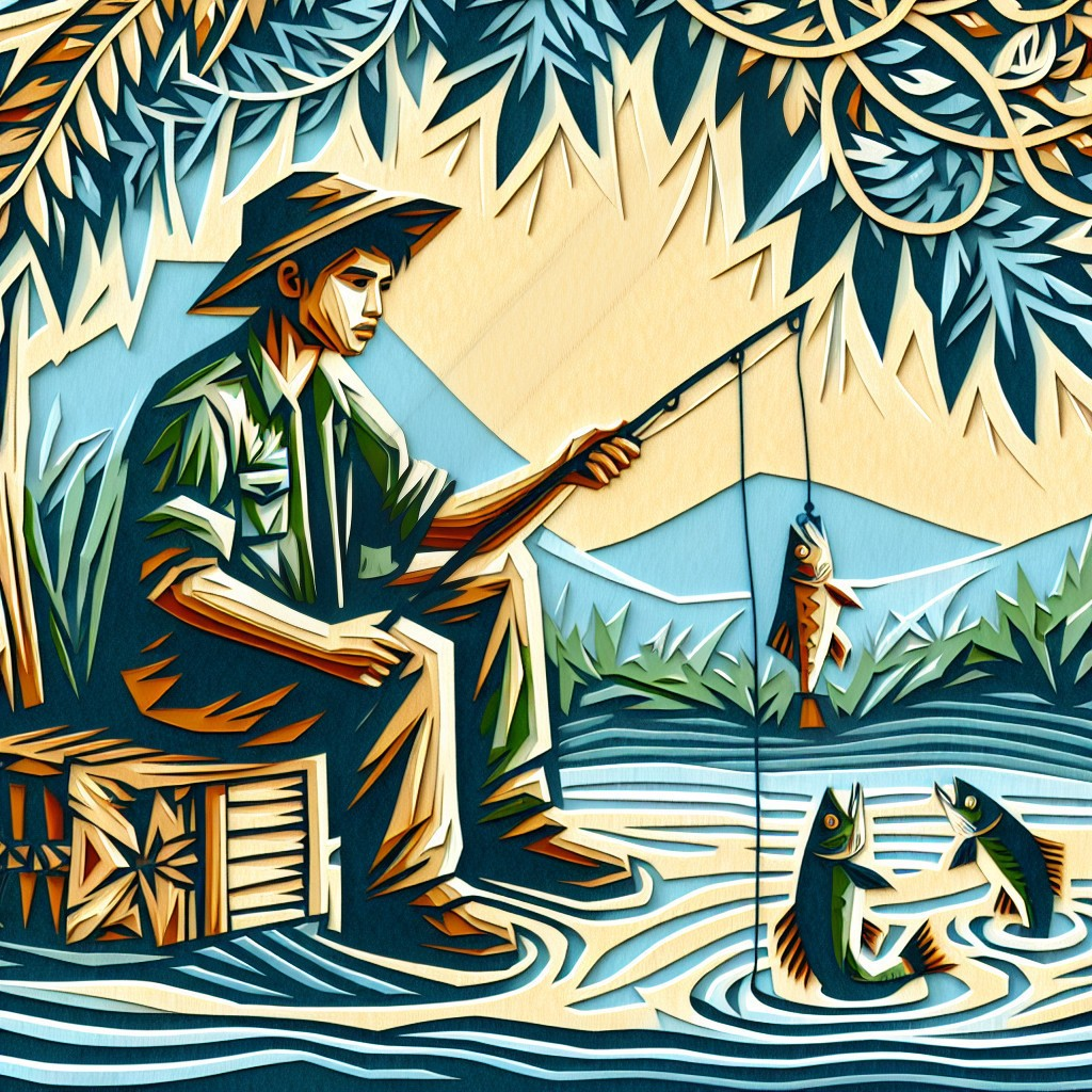 Fisherman by River with Lush Greenery and Mountains